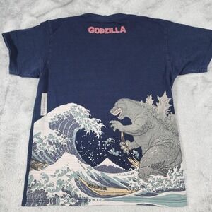 VINTAGE Godzilla Shirt Mens Medium Navy Blue Great Wave Hokusai Japanese Art Y2K